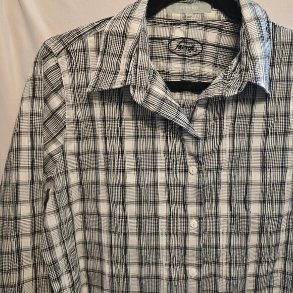 FOXCROFT BLACK WHITE BUTTON UP SHIRT 3/4 SLEEVES FITTED SIZE 10 - Picture 3 of 6